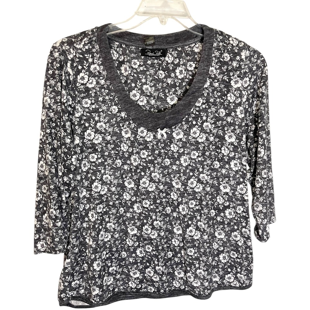 René Rofé L Gray Floral Pajama Top 3/4 Sleeve V-Neck Bow Coquette Cottagecore